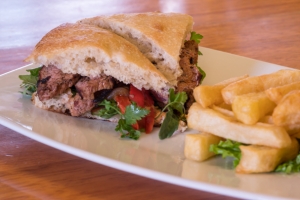 Alpaca sandwich in Ulrike's Cafe Pisac in the Sacred Valley, Peru